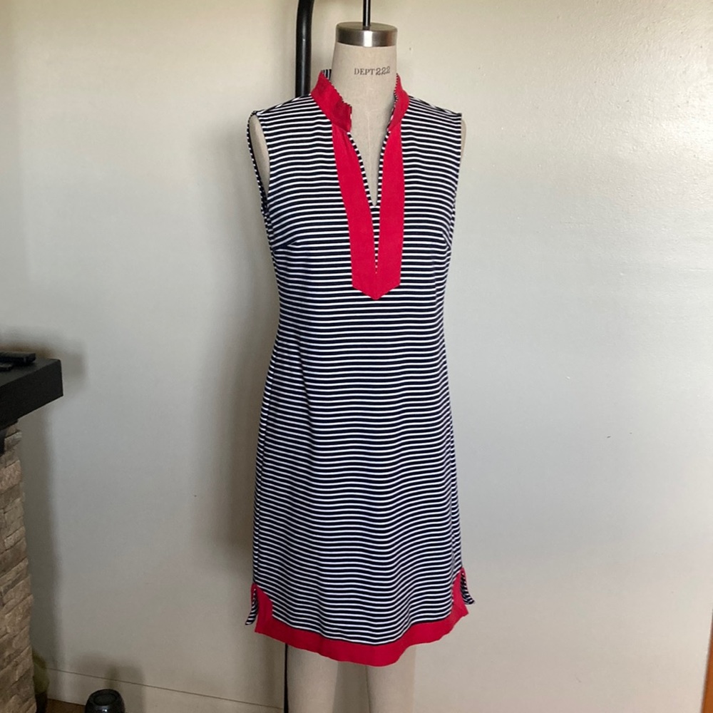 Brooks Brothers black & white striped dress w/pink trim size M in excellent cond